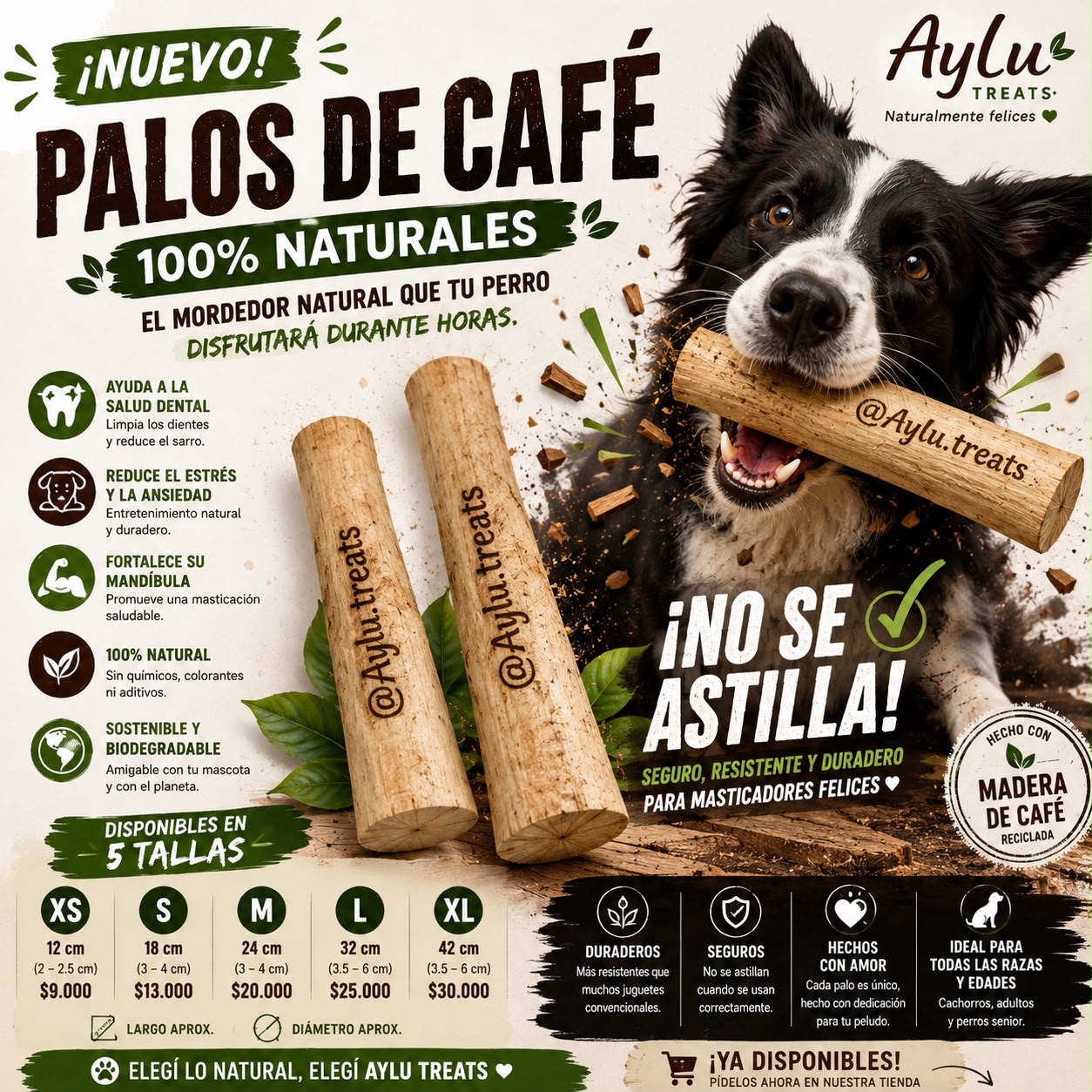 Palos de Café Aylu Treats - Mordedor natural para perros, disponible en 5 tallas
