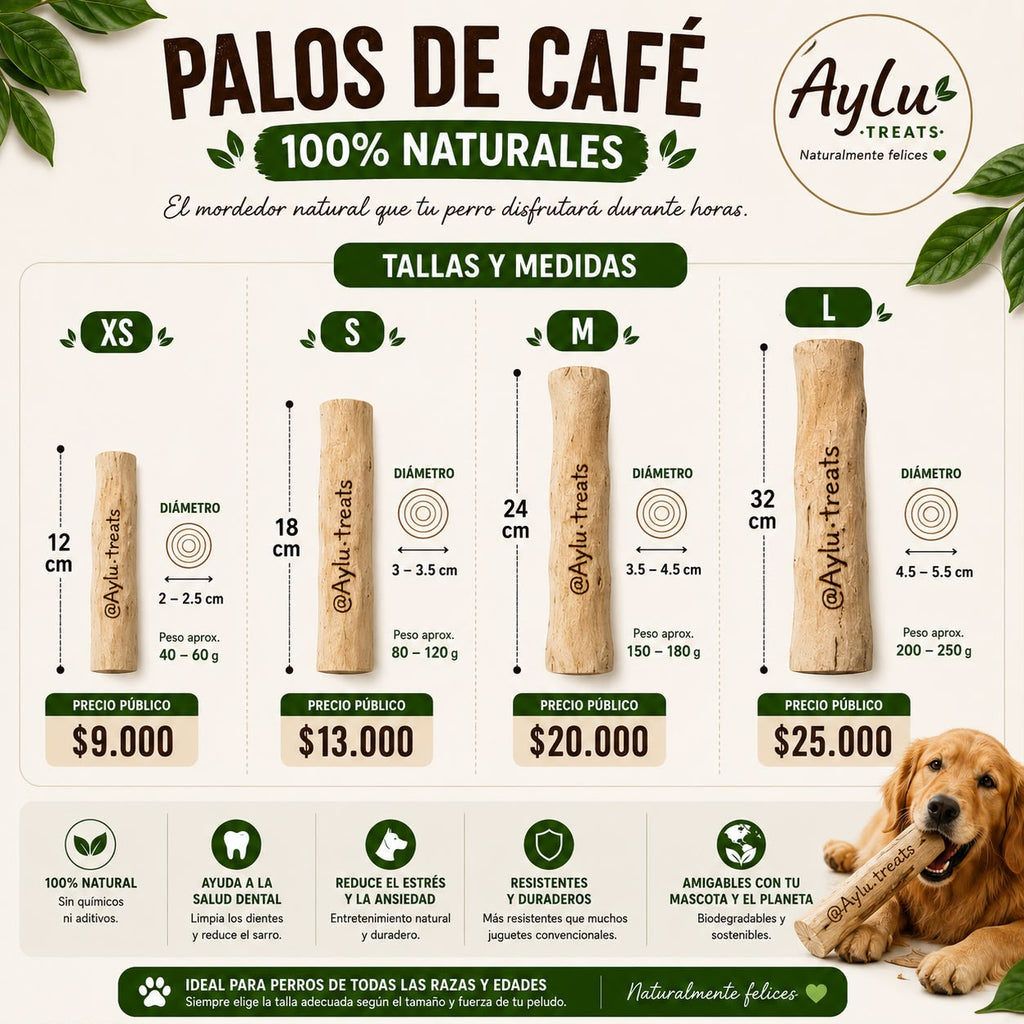 Palos de Café Aylu Treats - Tallas y medidas: XS 12cm, S 18cm, M 24cm, L 32cm